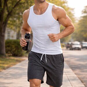 Gray Athletic Shorts for Men Cotton Hemp Blend side & Back Pockets Elastic Waist